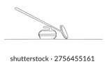 single line curling stone and broom.continuous line drawing of curling equipment on ice.winter sport curling concept.one line vector illustration.