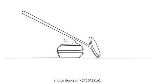 single line curling stone and broom.continuous line drawing of curling equipment on ice.winter sport curling concept.one line vector illustration.