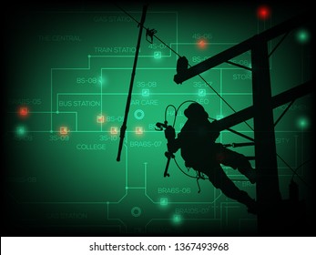 Single line diagram of distribution system with green and red spot light. The background is silhouette power lineman replace damaged equipment : Power outage concept.