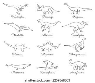 Single line dinosaurs. Jurassic dino, predators and herbivores prehistoric animals hand drawn one line dinosaur silhouette vector illustration set. Giant reptiles, extinct creatures isolated