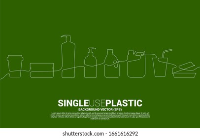 Single Line Display Single Use Plastic Icon. Silhouette Of  Plastic Bottle, Bag , Cup, Blow, Spoon, Fork, Knife.