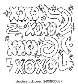 Single line doodle set with word XOXO in retro 90s style. Clipart of hand drawn words, arrows, kisses. Black contour sketchy signs and words 