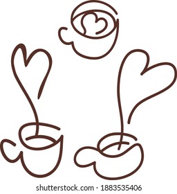 Single line doodles of coffee or tea cups with hearts and a milk caffeine drink with romantic latte art. Love in every mug of hot beverage for Saint Valentine Holiday or other significant date.