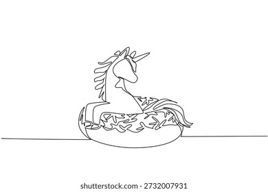 Desenho de linha única de unicórnio adorado para conceito de pastelaria mostra animal de fantasia bonito sentado dentro da rosquinha. Esboço simples se encaixa no propósito do cartaz do berçário com o animal de cavalo da criatura mítica favorita