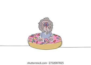 Dibujo de una sola línea de mandril brillante de la selva tropical para el concepto de comida pastelera cuenta con juguetones animales lindos sentados dentro de la rosquilla. El arte colorido representa el propósito de la cubierta del libro de cuentos de los niños con el mono encantador de la selva
