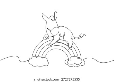 Einzeilige Zeichnung von charmanten Esel stehen oder ruhen auf Regenbogen Bogen mit flauschigen Wolken, bringen Sinn für Bauernleben in whimsical Himmel Szene. Naturkonzept für niedliches Tier, charmant für Kindergarten-Dekoration