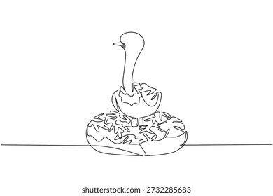 Dibujo de una sola línea de adorable avestruz lindo característica de pájaro salvaje animal sentado dentro de la rosquilla dulce para el concepto de comida de pastelería. Diseño minimalista para colorear con el propósito de un arte del día internacional de la vida silvestre