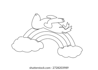 Dibujo de una sola línea de lindo animal león marino durmiendo supino en un arco iris con suaves nubes esponjosas. Concepto de la Naturaleza, tema del Día Mundial de los Océanos, ilustración linda del vivero para la decoración de la habitación de los niños y la impresión del vivero