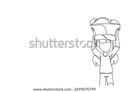 Single line draw of a girl balancing a basket of rocks on head, symbolizing struggle, endurance, and the global fight against exploitation in a human rights concept for World Day Against Child Labor