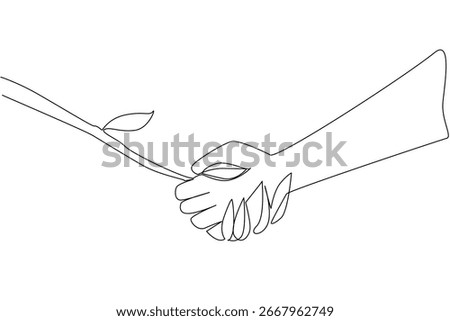 Single line draw of a hand handshake a plant, nature World Environment Day, nature close friend. Reflecting sustainability, conservation, and global responsibility for protecting natural resources