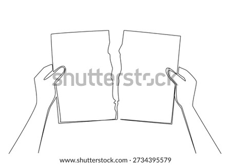 Single line draw of hands tearing sheet of blank paper, representing agreement cancellation concept. Great for breakup quote, contract termination visual, debt free goal, and anger management article