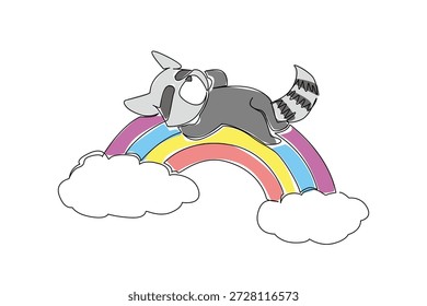 Dibujo de una sola línea de adorable mapache lindo durmiendo supino a través del arco iris, con la cara de la máscara y la cola rayada como punto de diversión. Adorable ambiente de bosque o vida silvestre urbana para paquete de pegatinas, planificador y libro para niños