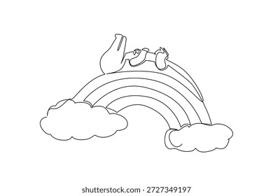 Single line draw of playful take on wild crocodile lounging gracefully in a supine position atop rainbow arc decorated with fluffy soft clouds. Unique nature concept feature big green reptile resting