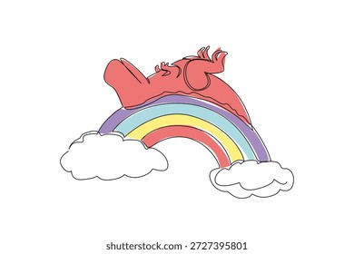 Einzeilige Zeichnung eines prähistorischen t rex Dinosauriers, der in Rückenlage liegt und leicht und sanft auf einem Regenbogenbogen mit flauschiger Wolke erscheint. Naturkonzept jurassisch Thema, ideal für Jungen T-Shirt Print