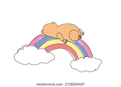 Dibujo de una sola línea de hámster redondo y gordita, con la pata metida en el vientre, se encuentra en posición supina. Disfrutando de un pequeño sueño en el puente del arco iris que se arquea sobre el mar de suave, blanca nube de algodón en un cielo cálido