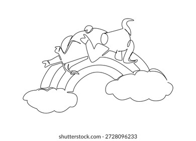 Um único traço de búfalo forte dormindo em decúbito dorsal no arco-íris. Ilustração do conceito de natureza tema de savana para promoções africanas de safári. Gráfico minimalista para pôster do parque de conservação da vida selvagem.