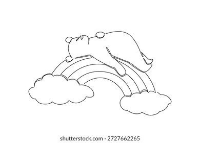 Desenho de linha única de urso pardo doce deitado em suas costas em supina relaxada, descansando sobre arco-íris com nuvens fofas. O conceito de natureza tema de floresta para o Dia Mundial do Urso e decoração de parede infantil das crianças