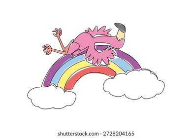 Dibujo de una sola línea de flamenco rosa vibrante, con sus piernas largas y delgadas y delicadas plumas, se cubre con gracia en el sueño supino. Encuentra arco iris flotando en medio de nubes esponjosas y besadas por el sol