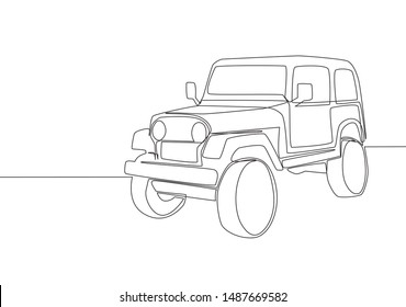Single line drawing of 4x4 speed wrangler jeep car. Offroad adventure rally vehicle transportation concept. One continuous line draw design svg