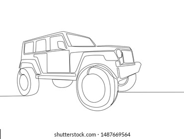 Single line drawing of 4x4 wheel drive tough jeep wrangler car. Adventure offroad rally vehicle transportation concept. One continuous line draw design svg
