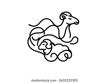 Desenho de linha única para um design abstrato para uma ovelha e um camelo em composição criativa para Eid Adha Greeting design vetor arte