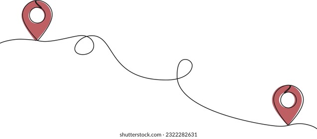 single line drawing of abstract travel route with location markers, map pins line art vector illustration