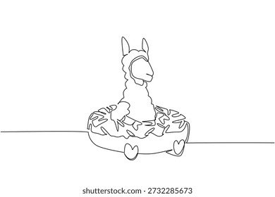 Desenho de linha única de alpaca adorável apresenta animal de montagem fofo selvagem sentado dentro da rosquinha para um conceito de comida. O design minimalista representa o propósito de papelaria infantil para um dia internacional da vida selvagem