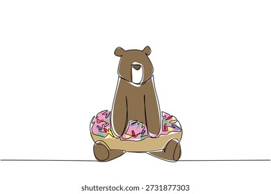 Dibujo de una sola línea de oso marrón adorable para el concepto de naturaleza presenta un animal gigante lindo sentado dentro de una rosquilla dulce. Colorido gráfico celebra un tema del día internacional de la comida con la bestia del bosque