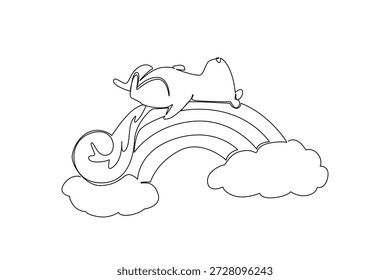 Desenho de linha única de um adorável esquilo de cauda grossa adormecido supine no arco-íris. A ilustração do conceito de natureza retrata um tema de floresta para a temporada de outono. Design bonito para o logotipo do clube de animais de estimação de roedores