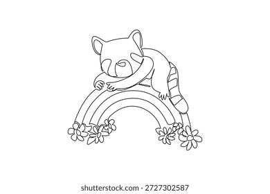 Desenho de linha única de adorável e charmoso panda vermelho descansando confortavelmente em arco-íris com nuvens macias. conceito da natureza para animal bonito da floresta, perfeito para impressões de berçário e Dia do Panda Vermelho