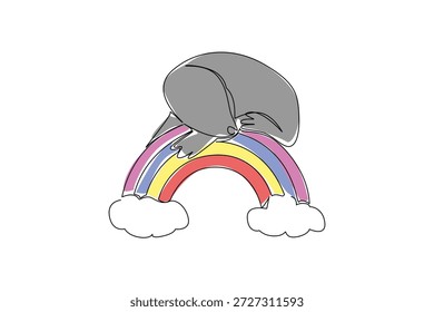 Dibujo de una sola línea de león marino adorable y lindo que descansa pacíficamente en un arco arco iris colorido con dos nubes suaves. Concepto de la Naturaleza para el tema animal marino lindo, perfecto para la decoración del vivero
