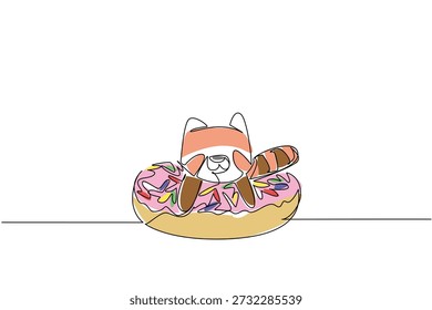 Desenho de linha única de adorável animal bonito mostra panda vermelho deitado dentro rosquinha vidrada para conceito de comida doce. A arte colorida é perfeita para o propósito do cartaz do berçário com a criatura divertida encantadora da floresta