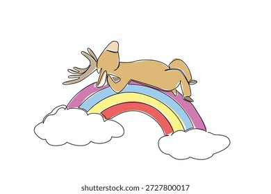 Single line drawing of adorable forest deer sleeping supine on a rainbow. Nature concept illustration depicts a wildlife theme for National Wildlife Day. Cute vector design for kids poster print