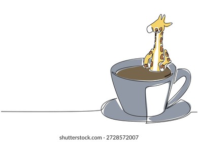 Desenho de linha única de girafa adorável para o conceito de natureza apresenta um animal bonito embebido em uma xícara de café. Gráfico colorido celebra um tema de dia de café internacional com o animal de safári africano