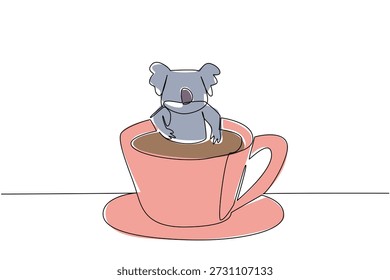 Dibujo de una sola línea de koala adorable para el concepto de naturaleza presenta lindos animales de Australia empapados en taza de café caliente. Colorido gráfico celebra un tema del día internacional del café con el mamífero salvaje gris