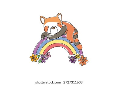 Dibujo de una sola línea de un adorable panda rojo durmiendo en un arco iris con flores. La ilustración del concepto de Naturaleza captura un tema de vida silvestre para el Día Internacional del Panda Rojo. Diseño lindo para la ropa de los niños