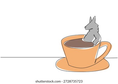 Dibujo de una sola línea de lobo adorable para el concepto de naturaleza presenta animales lindos empapados en taza de café. Colorido gráfico celebra un tema del día internacional del café con la bestia del bosque gris