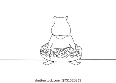 Dibujo de una sola línea de hipopótamo grande adorado para el concepto de pastelería elegante muestra un animal lindo sentado dentro de una rosquilla dulce. Un boceto sencillo se adapta a la temática del día internacional de la comida con el Grande mamífero fluvial