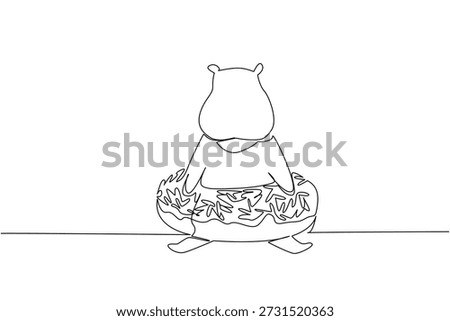 Single line drawing of adored big hippopotamus for fancy pastry concept shows cute animal sitting inside sweet donut. Simple sketch fits an international food day theme with the large river mammal