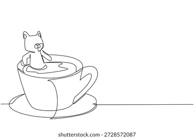 El dibujo de una sola línea del concepto de gato adorado para la naturaleza muestra un animal lindo empapado en una taza de café. El boceto simple se adapta a un tema internacional del día del gatito con la mascota de mamífero doméstico favorita
