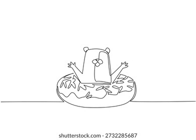 Desenho de linha única de hamster adorado para conceito de comida doce mostra animal peludo bonito sentado dentro da rosquinha. Esboço simples encaixa o propósito da página colorida para o tema do dia do animal de estimação do roedor internacional na arte das crianças