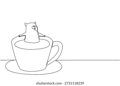 El dibujo de una sola línea de un adorable hámster juguetón para el concepto de naturaleza muestra un lindo animal roedor empapado en una taza de café. El boceto simple se ajusta al tema del día internacional del café con la mascota favorita del Pequeño mamífero