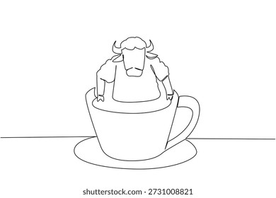 Dibujo de una sola línea de un bisonte fuerte adorado para un concepto de naturaleza muestra un animal lindo empapado en una taza de café. Un boceto sencillo se adapta a un tema del día internacional de la vida silvestre con la poderosa bestia mamífero de la pradera