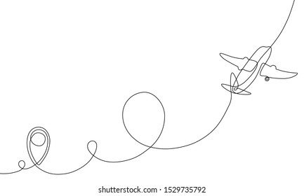 Single line drawing of airplane flight path with start point, one line art of jet airliner takeoff, a continuous line concept for tourism or commercial airlines