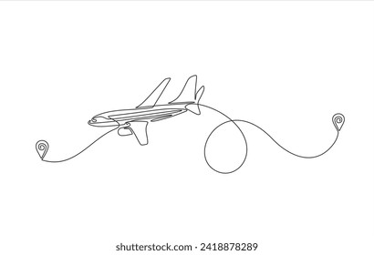 Single line drawing of airplane flight path with start point, one line art of jet airliner takeoff, a continuous line concept for tourism or commercial airlines