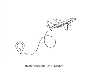 Single line drawing of airplane flight path with start point, one line art of jet airliner takeoff, a continuous line concept for tourism or commercial airlines