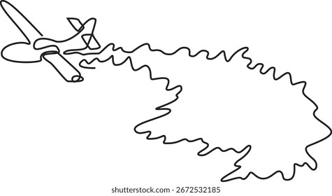 A single line drawing of an airplane flying over a large area of smoke or fire. The smoke or fire is depicted as a large, irregular shape.