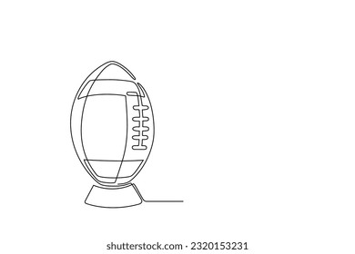 Single line drawing of American football ball on stand. One line drawing of Rugby ball. Game sports equipment in linear style. Sketch in linear style Editable stroke drawing vector illustration