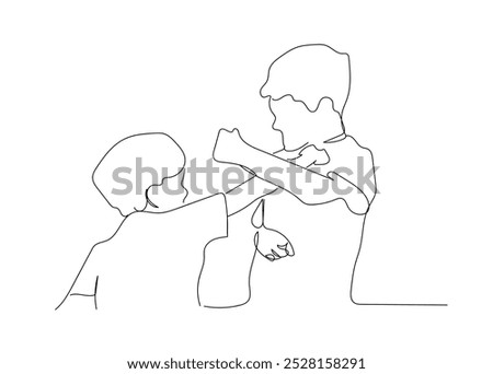 Single line drawing of Angry little kids shouting fighting with each other. 
 Rude boys  screaming and Hate,  Stress and Mental health. 
 Hand made vector not AI.