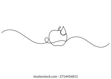 Dibujo de una sola línea de una manzana con una gota de agua o jugo, que representa la frescura